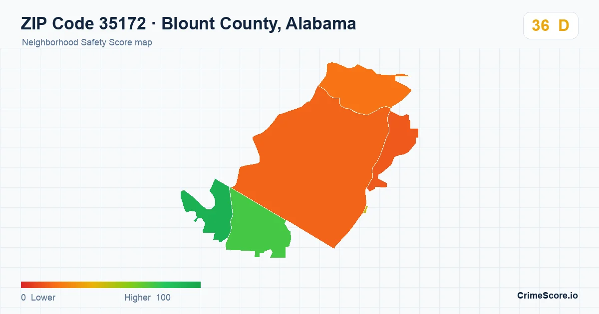 ZIP Code 35172 in Blount County, Alabama neighborhood Safety Score map