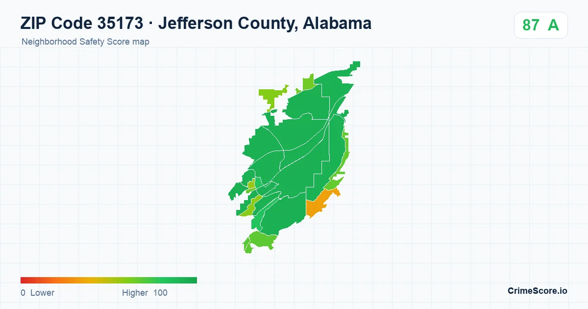 ZIP Code 35173 in Jefferson County, Alabama neighborhood Safety Score map