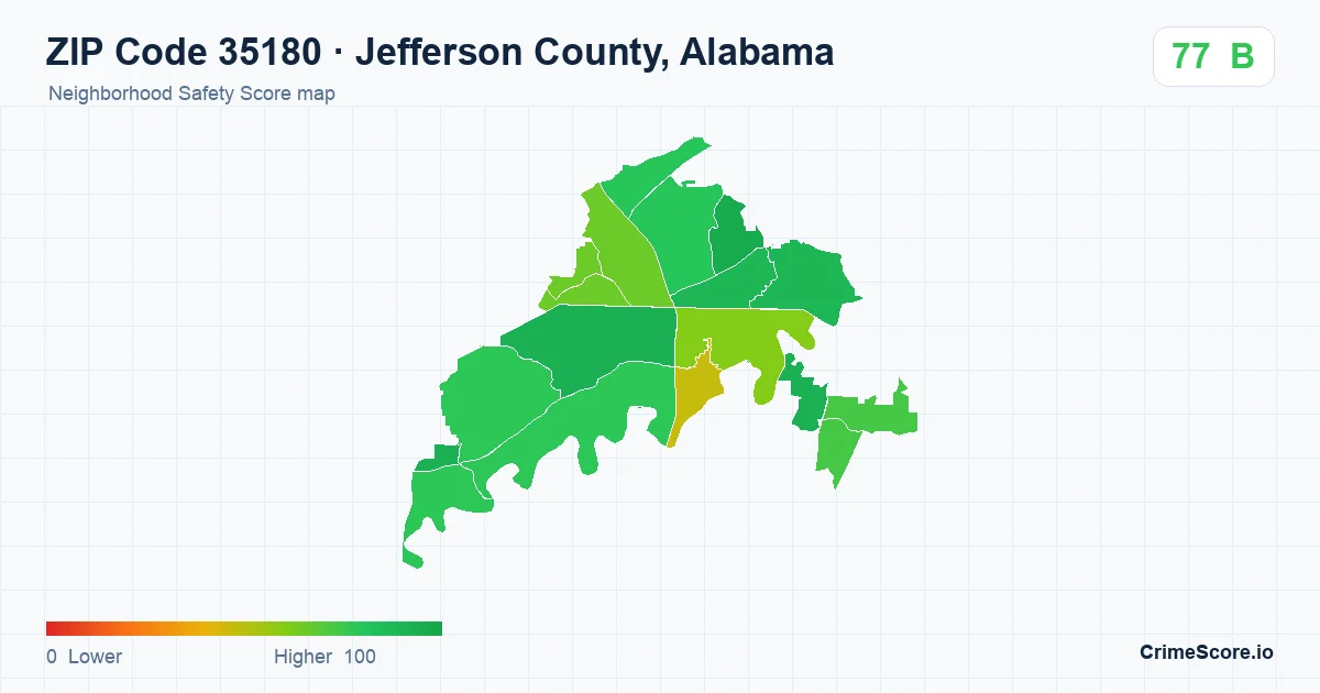 ZIP Code 35180 in Jefferson County, Alabama neighborhood Safety Score map