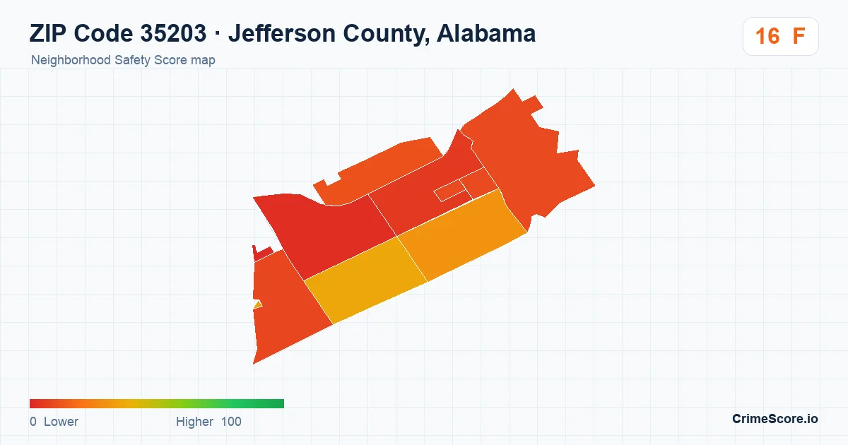 ZIP Code 35203 in Jefferson County, Alabama neighborhood Safety Score map