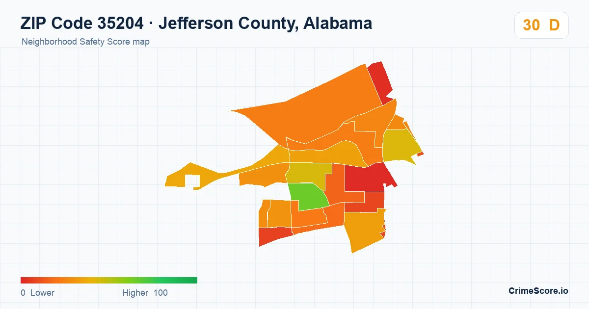 ZIP Code 35204 in Jefferson County, Alabama neighborhood Safety Score map