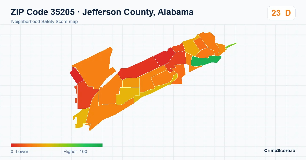ZIP Code 35205 in Jefferson County, Alabama neighborhood Safety Score map