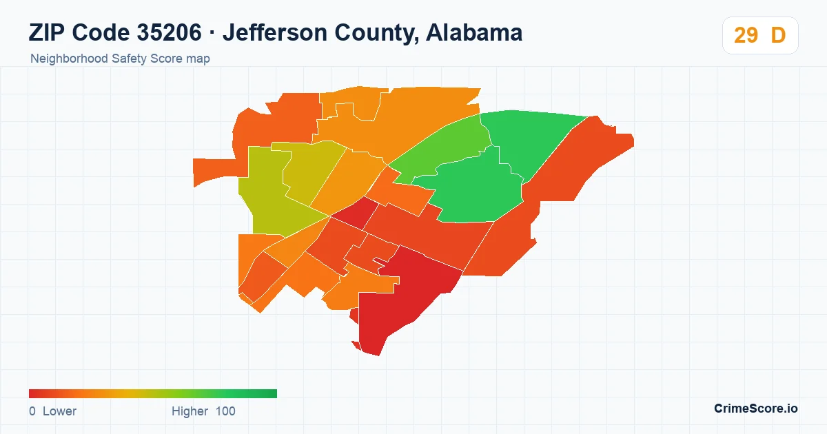 ZIP Code 35206 in Jefferson County, Alabama neighborhood Safety Score map