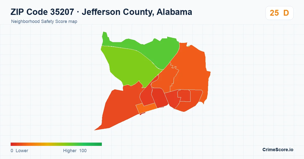 ZIP Code 35207 in Jefferson County, Alabama neighborhood Safety Score map