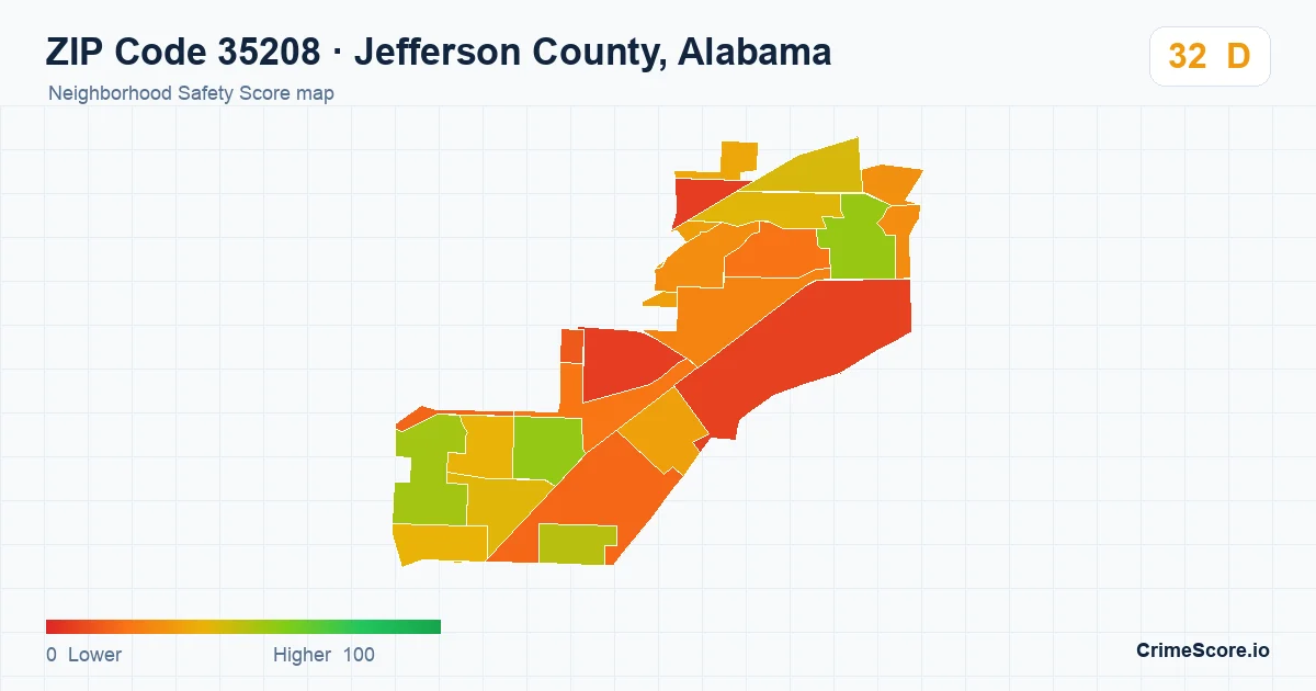 ZIP Code 35208 in Jefferson County, Alabama neighborhood Safety Score map