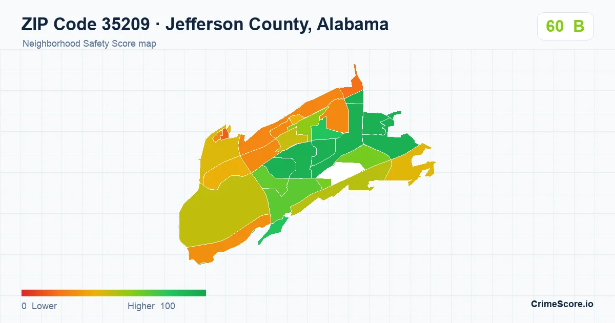 ZIP Code 35209 in Jefferson County, Alabama neighborhood Safety Score map