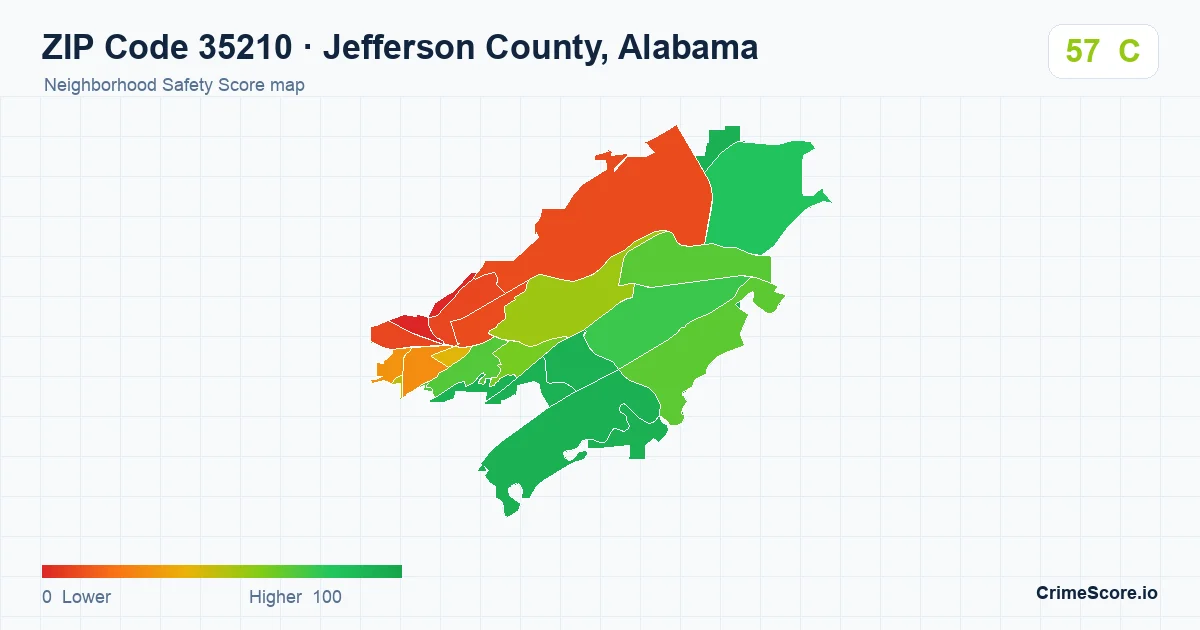 ZIP Code 35210 in Jefferson County, Alabama neighborhood Safety Score map