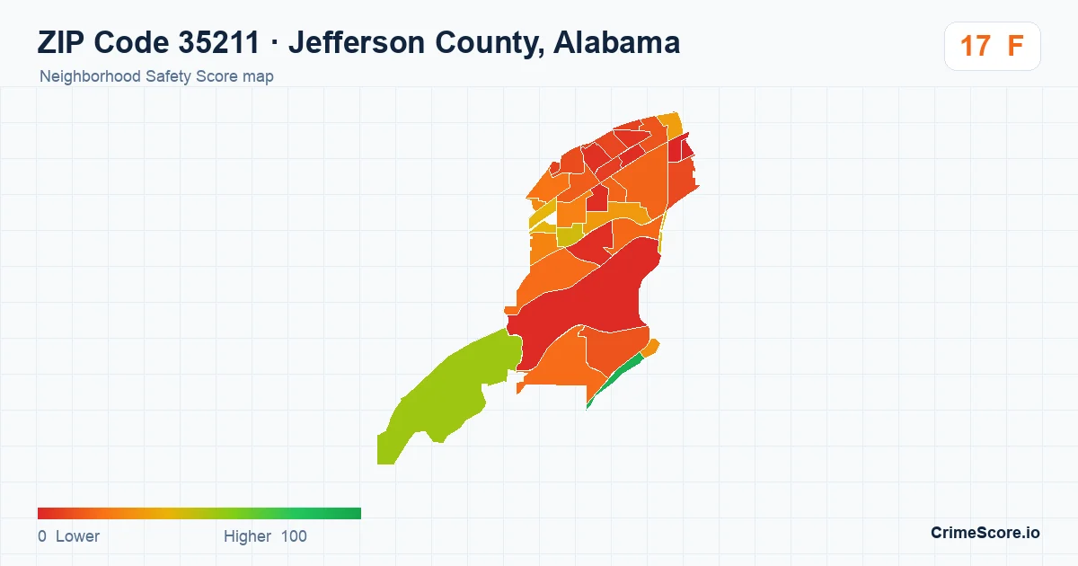 ZIP Code 35211 in Jefferson County, Alabama neighborhood Safety Score map
