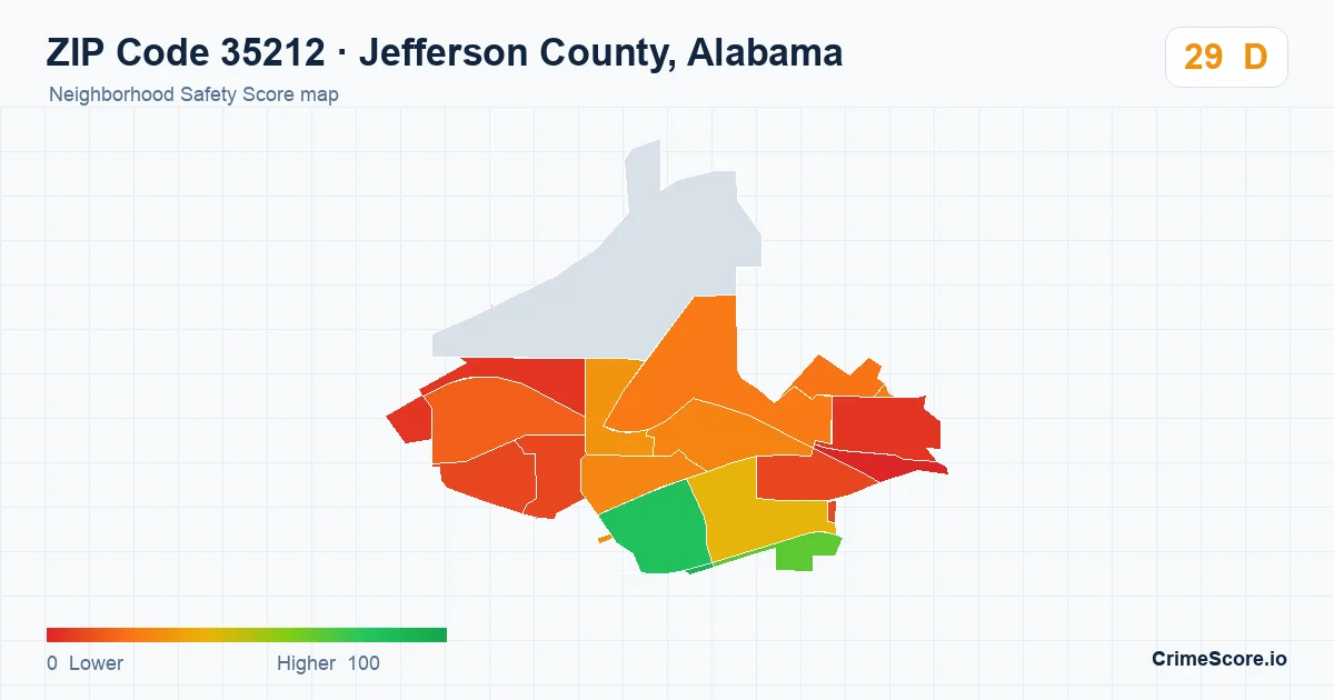 ZIP Code 35212 in Jefferson County, Alabama neighborhood Safety Score map