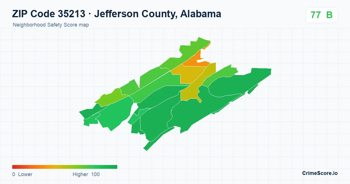 ZIP Code 35213 in Jefferson County, Alabama neighborhood Safety Score map