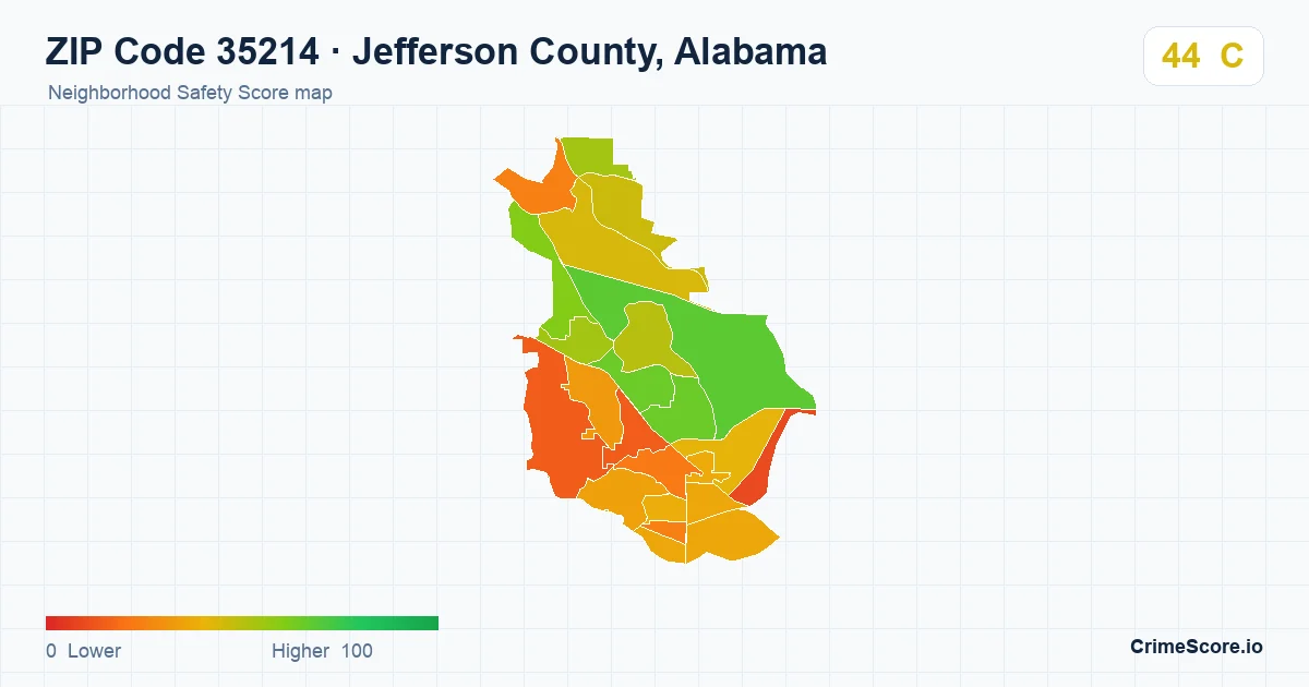 ZIP Code 35214 in Jefferson County, Alabama neighborhood Safety Score map