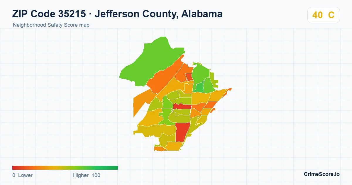 ZIP Code 35215 in Jefferson County, Alabama neighborhood Safety Score map