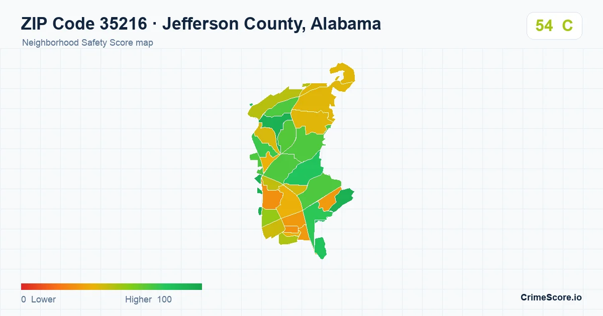 ZIP Code 35216 in Jefferson County, Alabama neighborhood Safety Score map