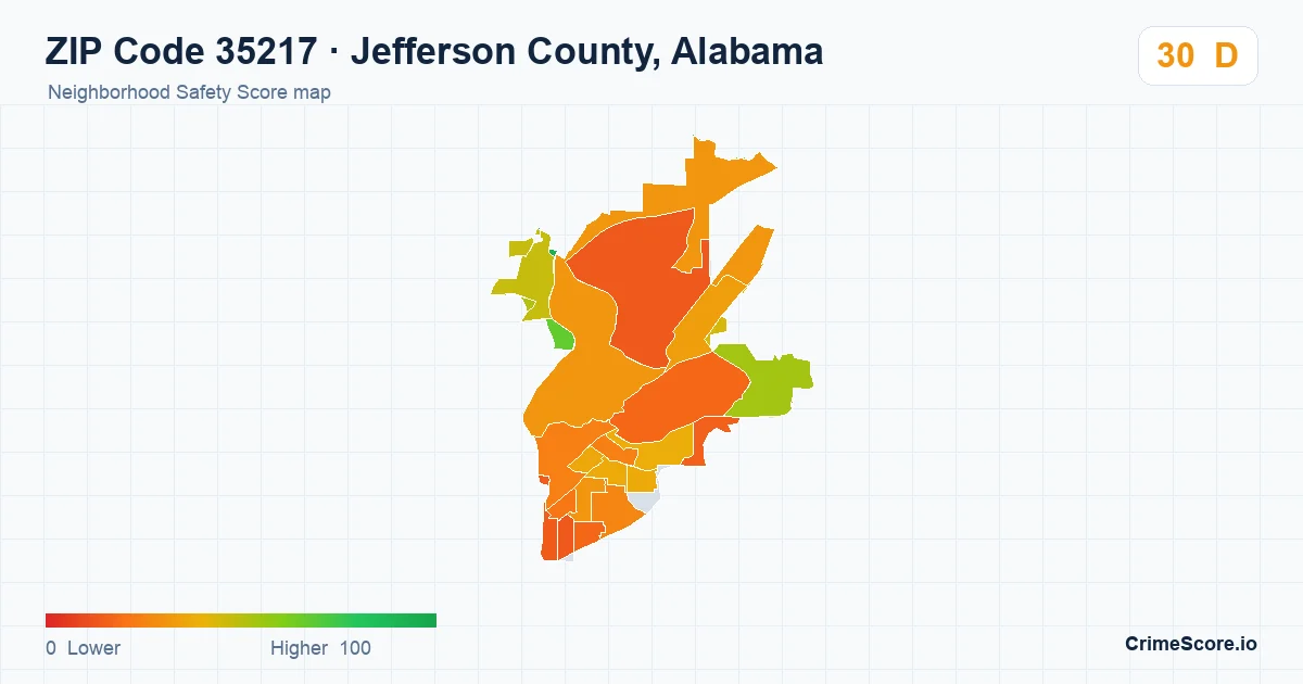 ZIP Code 35217 in Jefferson County, Alabama neighborhood Safety Score map