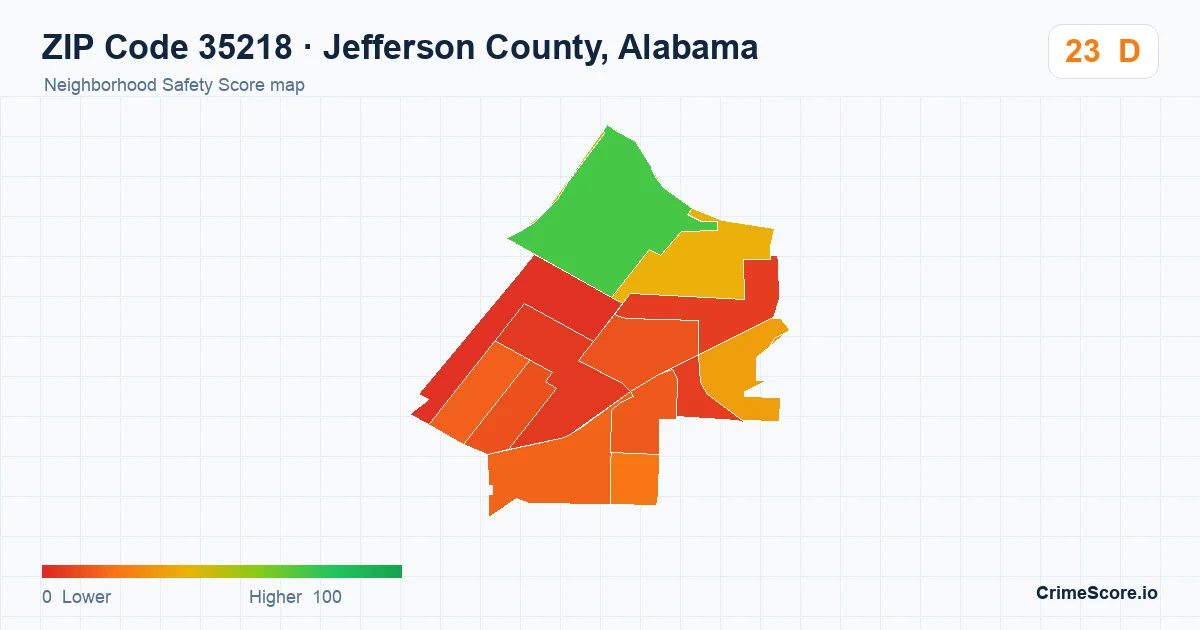 ZIP Code 35218 in Jefferson County, Alabama neighborhood Safety Score map