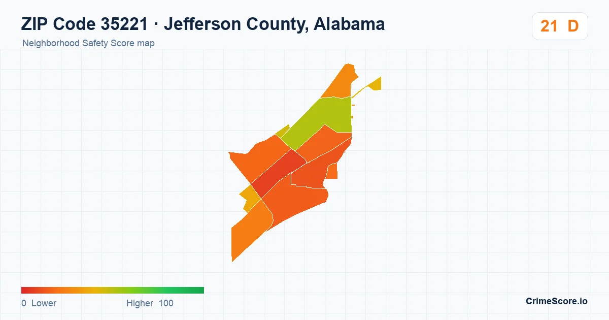 ZIP Code 35221 in Jefferson County, Alabama neighborhood Safety Score map