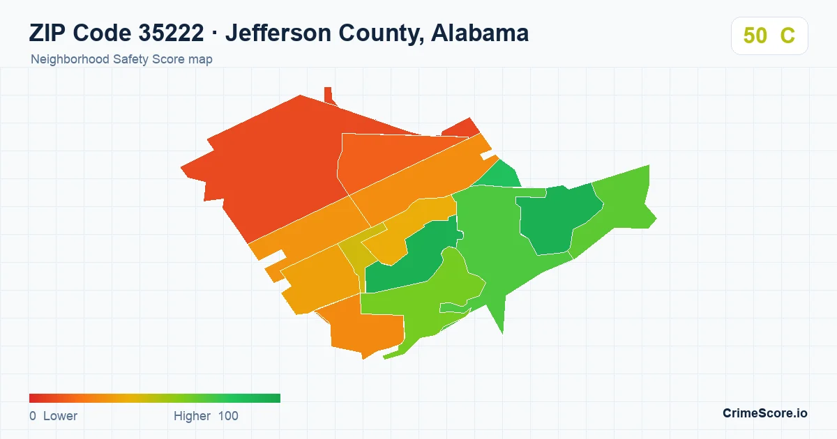 ZIP Code 35222 in Jefferson County, Alabama neighborhood Safety Score map
