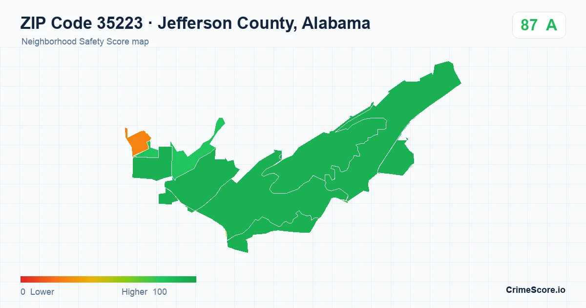 ZIP Code 35223 in Jefferson County, Alabama neighborhood Safety Score map