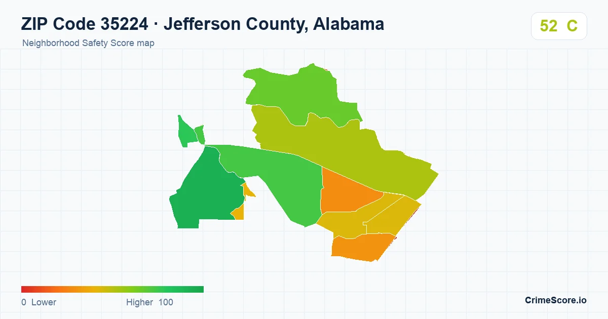 ZIP Code 35224 in Jefferson County, Alabama neighborhood Safety Score map