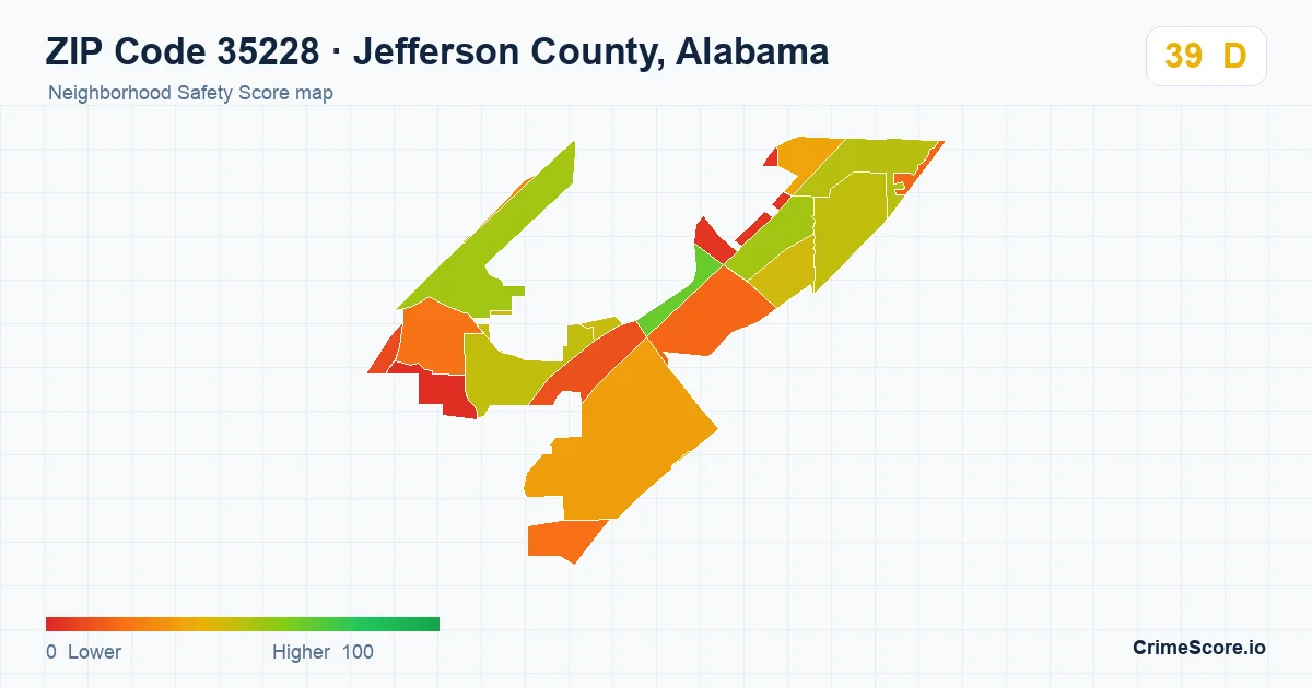 ZIP Code 35228 in Jefferson County, Alabama neighborhood Safety Score map