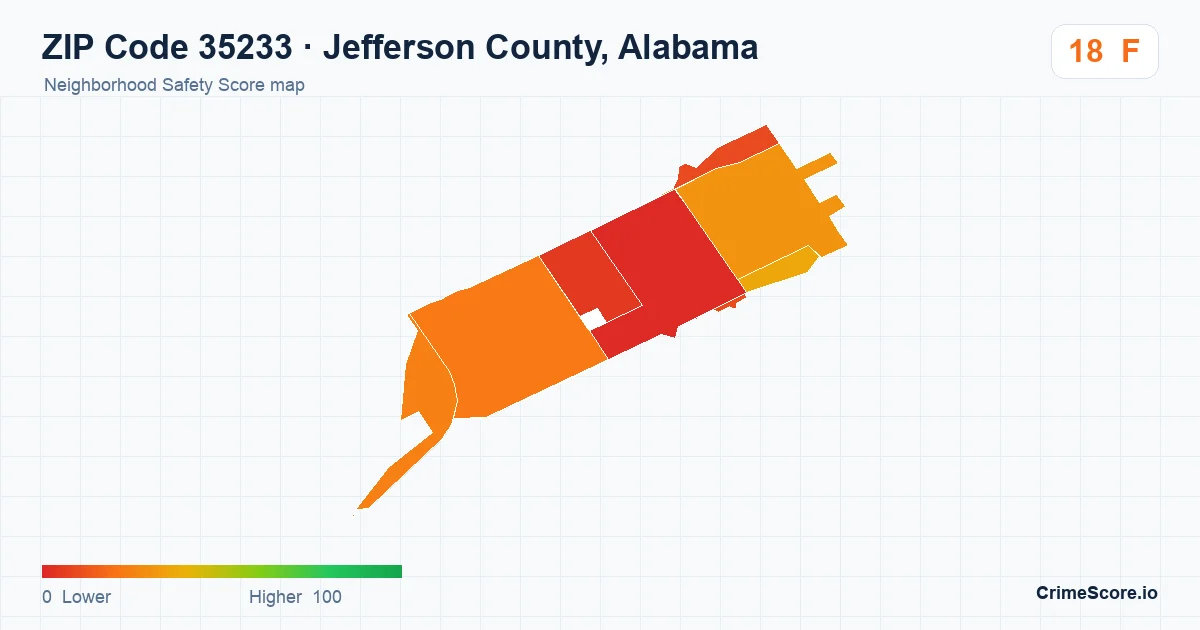 ZIP Code 35233 in Jefferson County, Alabama neighborhood Safety Score map