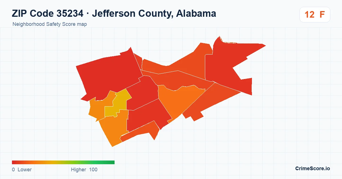 ZIP Code 35234 in Jefferson County, Alabama neighborhood Safety Score map