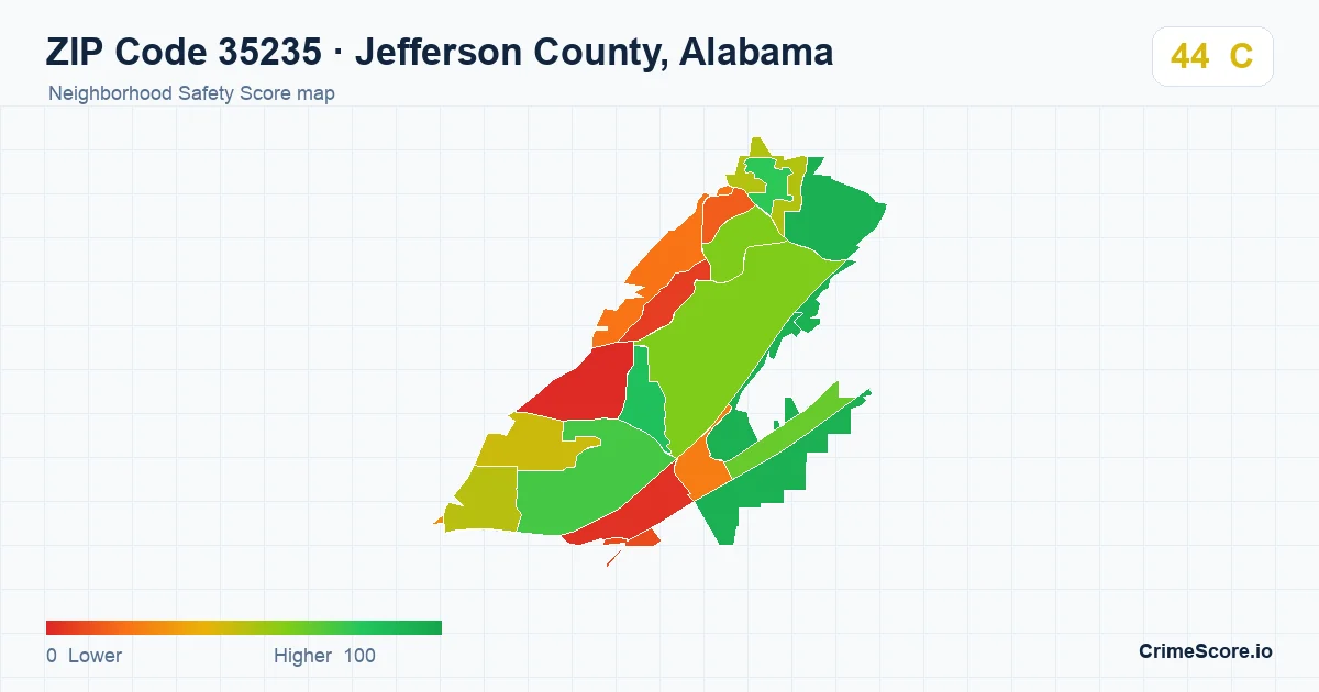 ZIP Code 35235 in Jefferson County, Alabama neighborhood Safety Score map