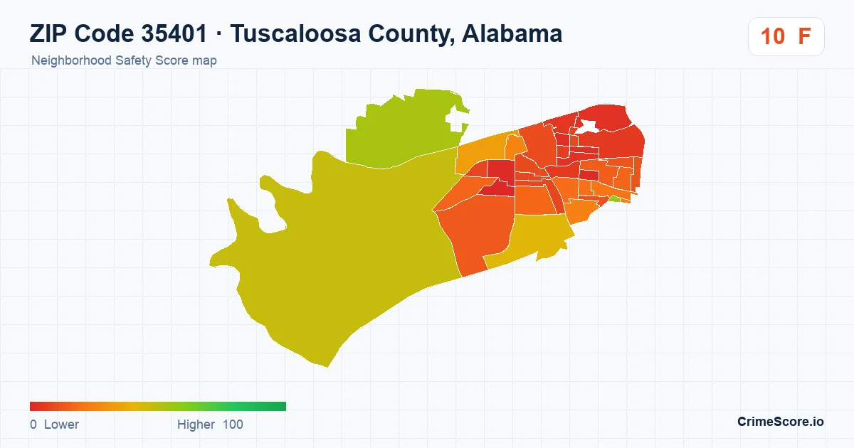 ZIP Code 35401 in Tuscaloosa County, Alabama neighborhood Safety Score map