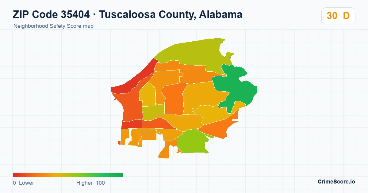 ZIP Code 35404 in Tuscaloosa County, Alabama neighborhood Safety Score map
