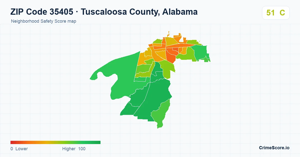 ZIP Code 35405 in Tuscaloosa County, Alabama neighborhood Safety Score map