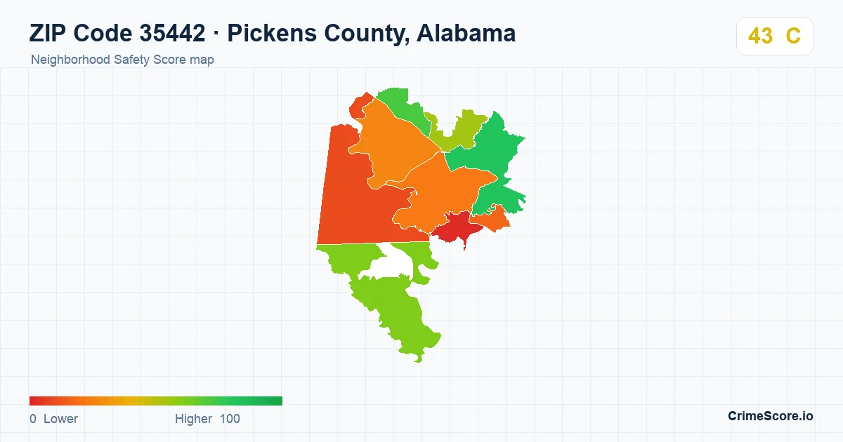 ZIP Code 35442 in Pickens County, Alabama neighborhood Safety Score map