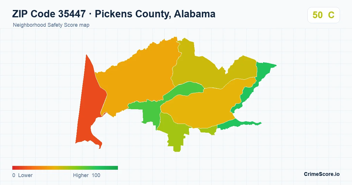 ZIP Code 35447 in Pickens County, Alabama neighborhood Safety Score map