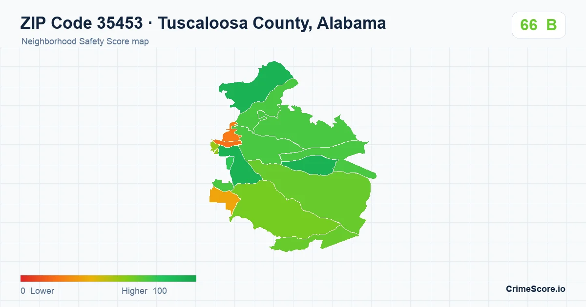 ZIP Code 35453 in Tuscaloosa County, Alabama neighborhood Safety Score map