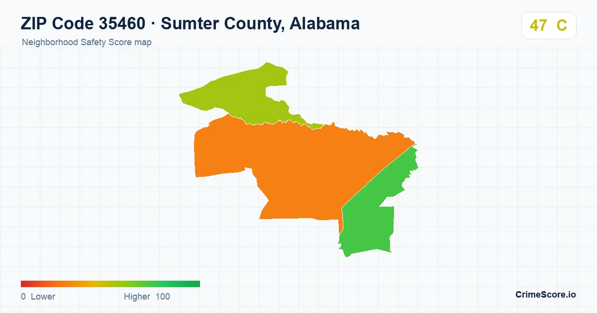 ZIP Code 35460 in Sumter County, Alabama neighborhood Safety Score map