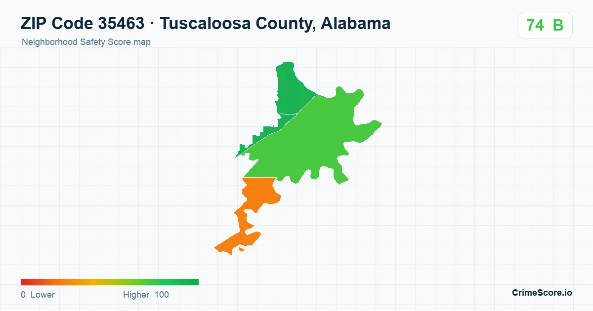 ZIP Code 35463 in Tuscaloosa County, Alabama neighborhood Safety Score map