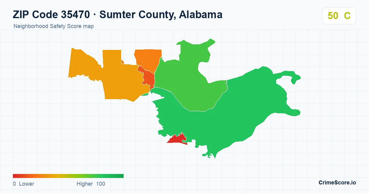 ZIP Code 35470 in Sumter County, Alabama neighborhood Safety Score map