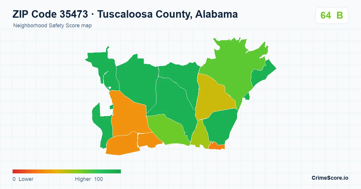 ZIP Code 35473 in Tuscaloosa County, Alabama neighborhood Safety Score map