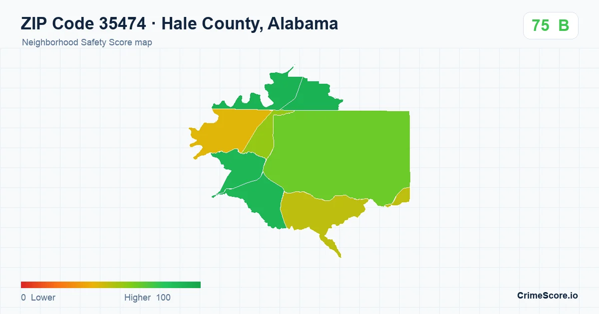 ZIP Code 35474 in Hale County, Alabama neighborhood Safety Score map