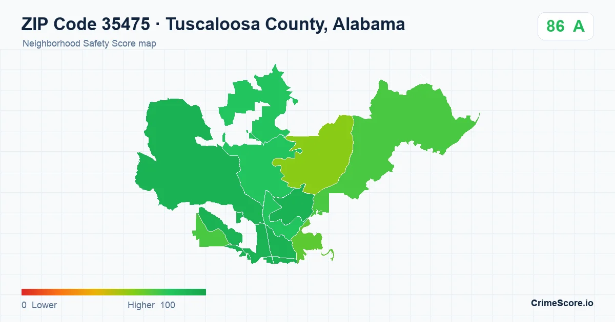 ZIP Code 35475 in Tuscaloosa County, Alabama neighborhood Safety Score map