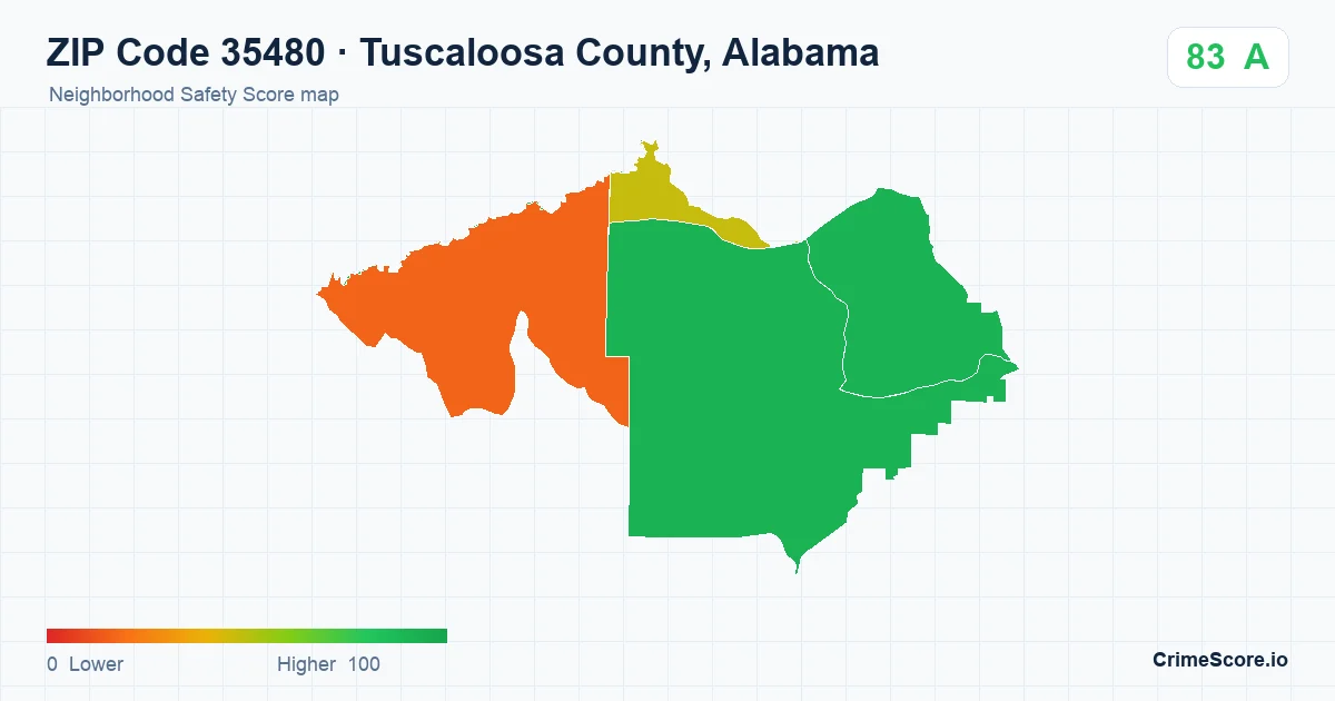 ZIP Code 35480 in Tuscaloosa County, Alabama neighborhood Safety Score map