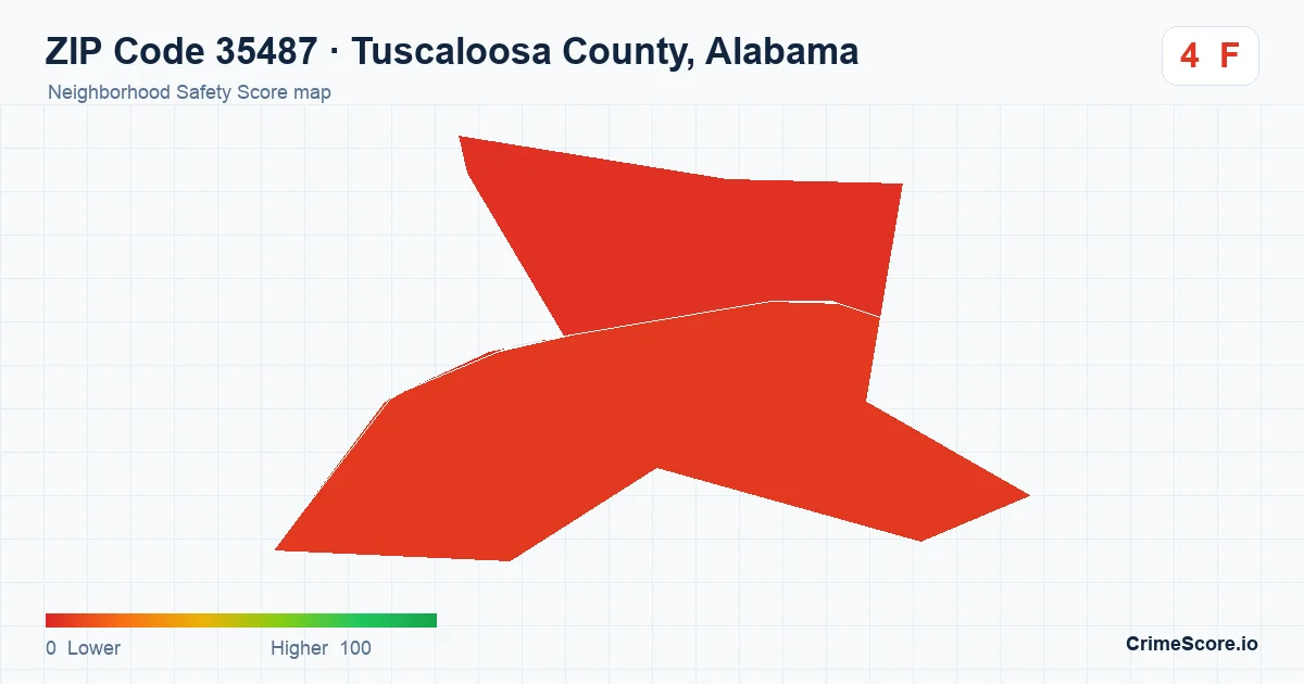 ZIP Code 35487 in Tuscaloosa County, Alabama neighborhood Safety Score map