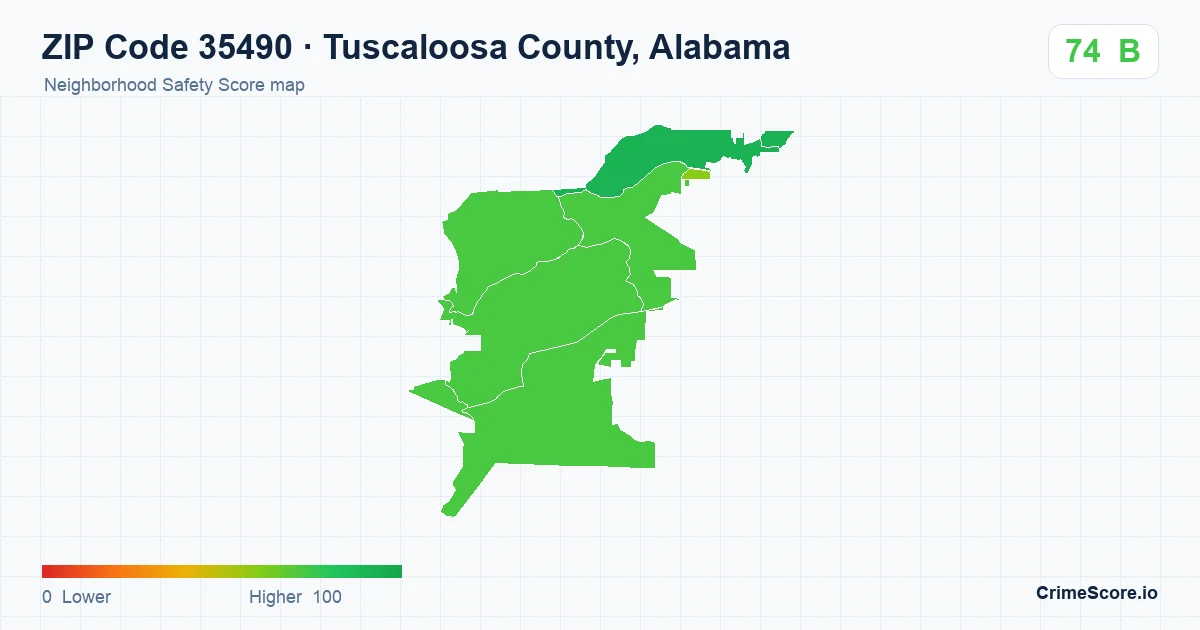 ZIP Code 35490 in Tuscaloosa County, Alabama neighborhood Safety Score map