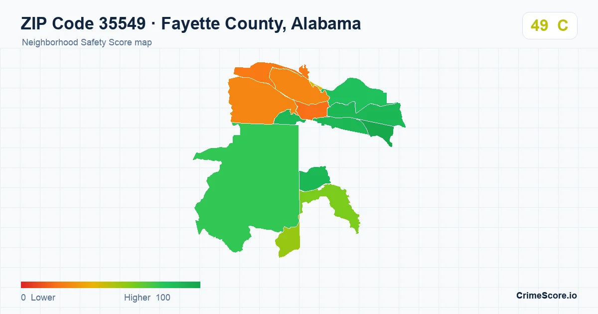 ZIP Code 35549 in Fayette County, Alabama neighborhood Safety Score map