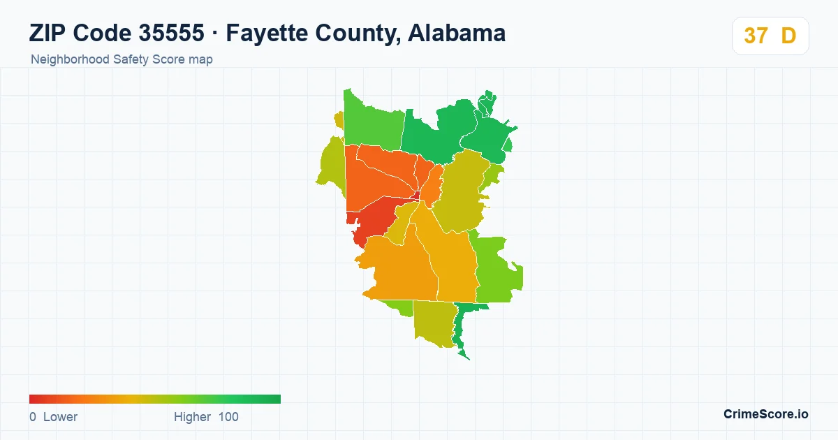 ZIP Code 35555 in Fayette County, Alabama neighborhood Safety Score map
