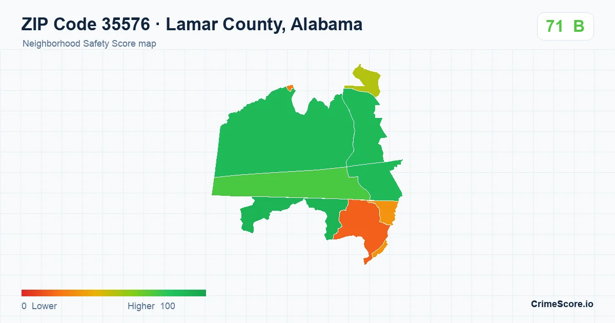 ZIP Code 35576 in Lamar County, Alabama neighborhood Safety Score map