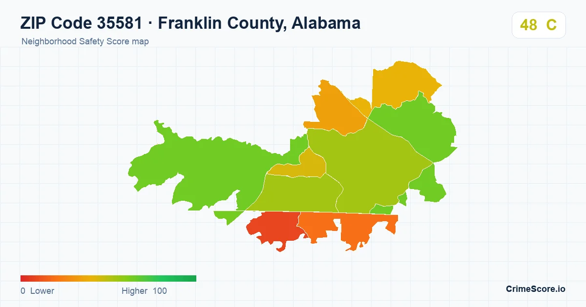 ZIP Code 35581 in Franklin County, Alabama neighborhood Safety Score map