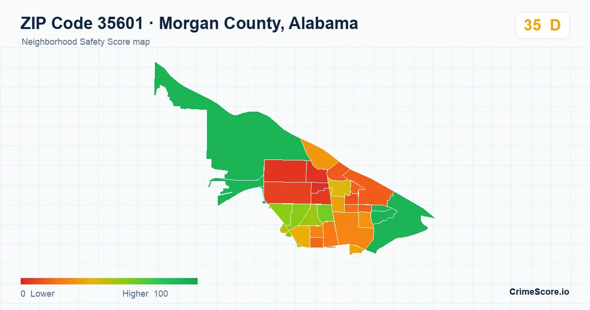 ZIP Code 35601 in Morgan County, Alabama neighborhood Safety Score map