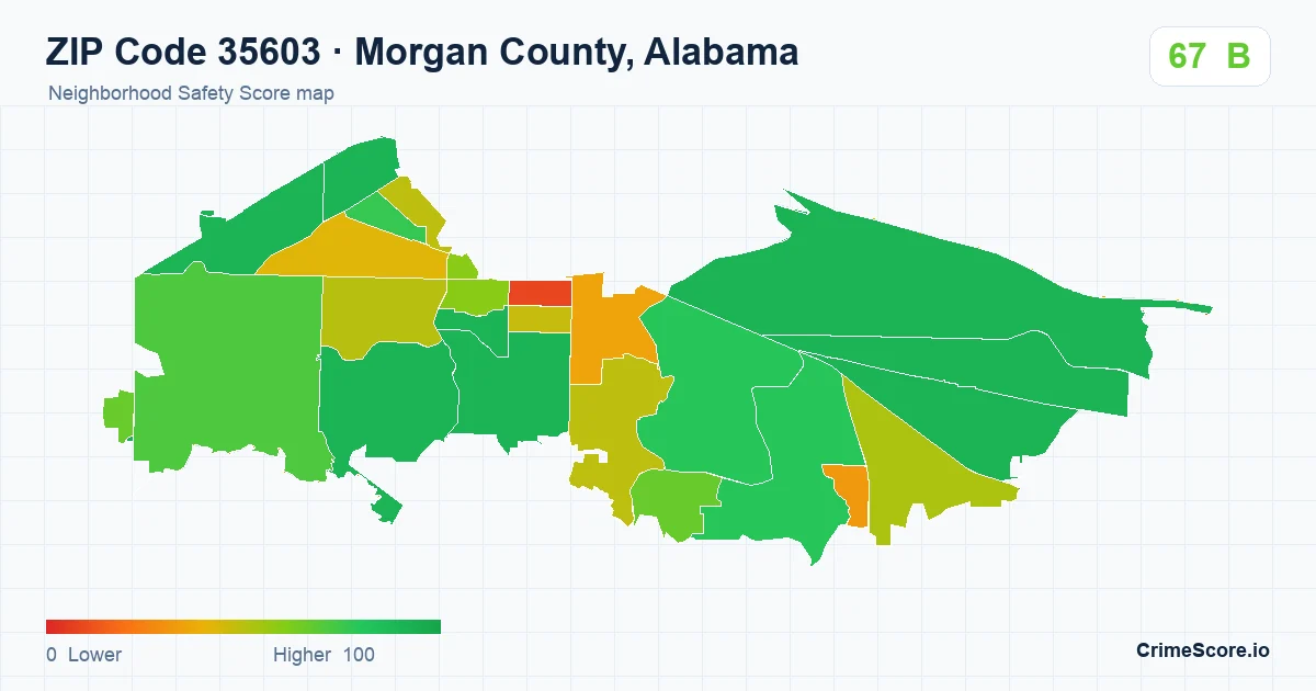 ZIP Code 35603 in Morgan County, Alabama neighborhood Safety Score map