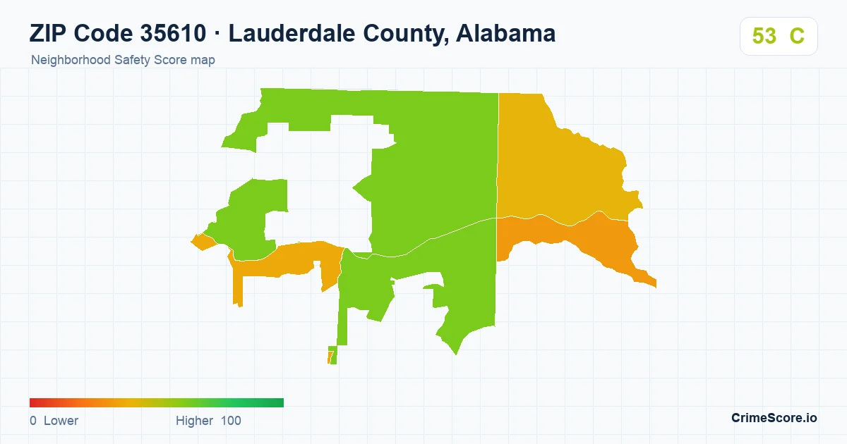 ZIP Code 35610 in Lauderdale County, Alabama neighborhood Safety Score map
