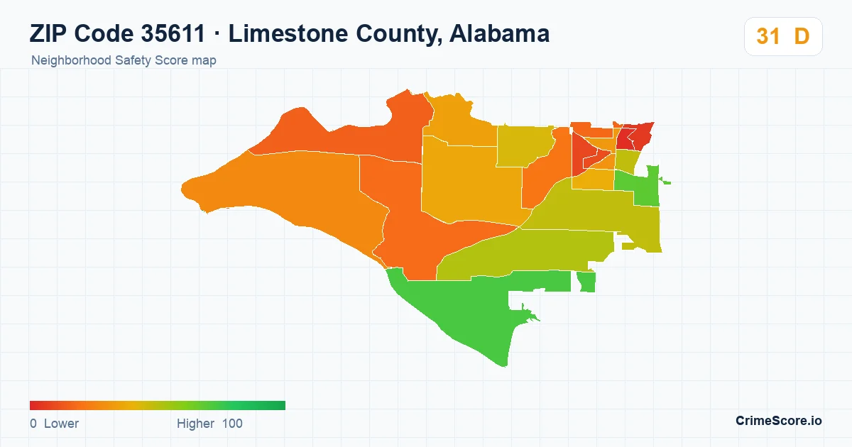 ZIP Code 35611 in Limestone County, Alabama neighborhood Safety Score map